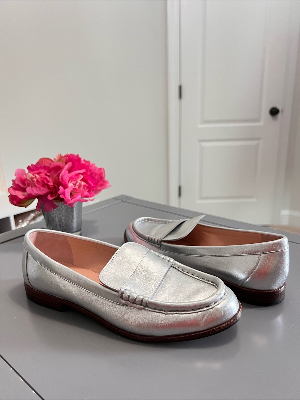 J. Crew Silver Metallic LEATHER Penny Loafers - Women's Classic Slip-On Shoe